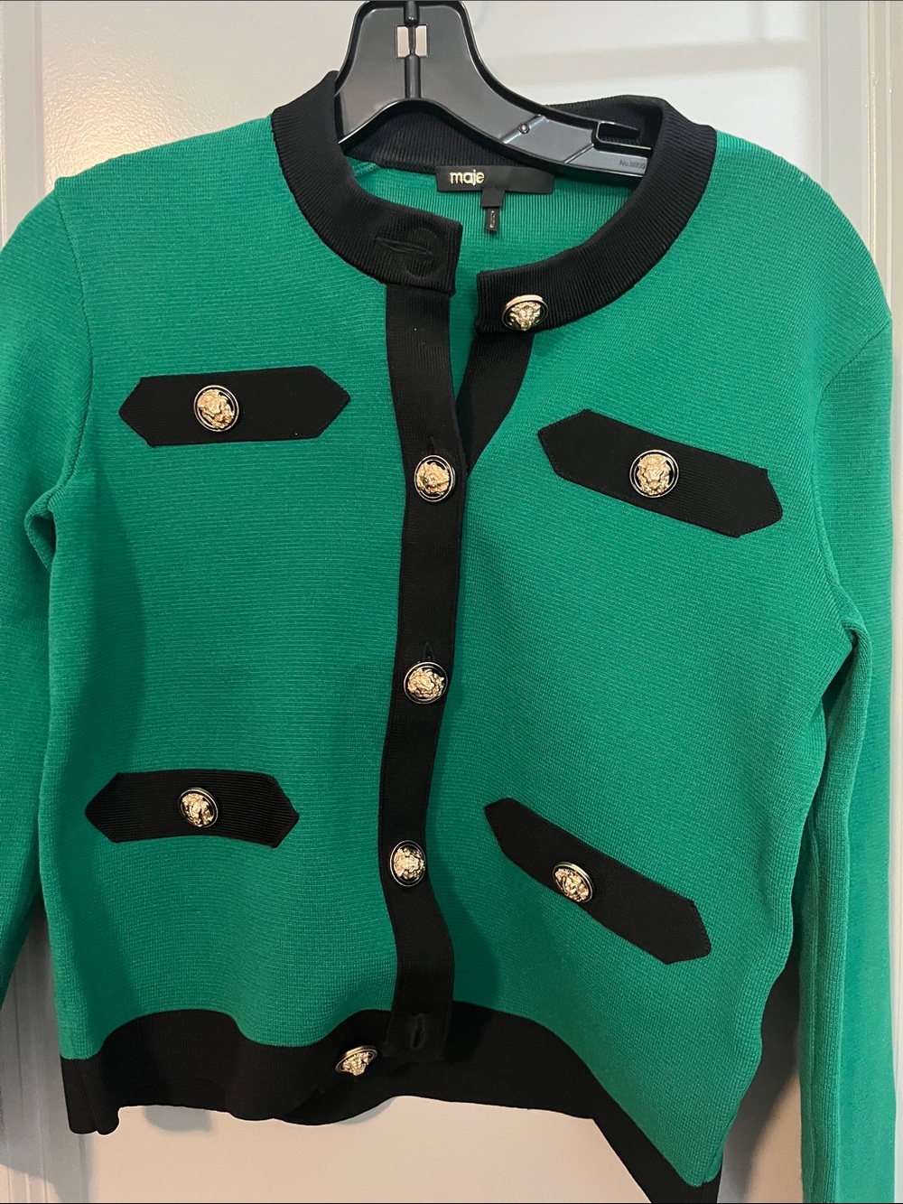 Maje Emerald Green and Black Trim Knit Cardigan with Gold Buttons